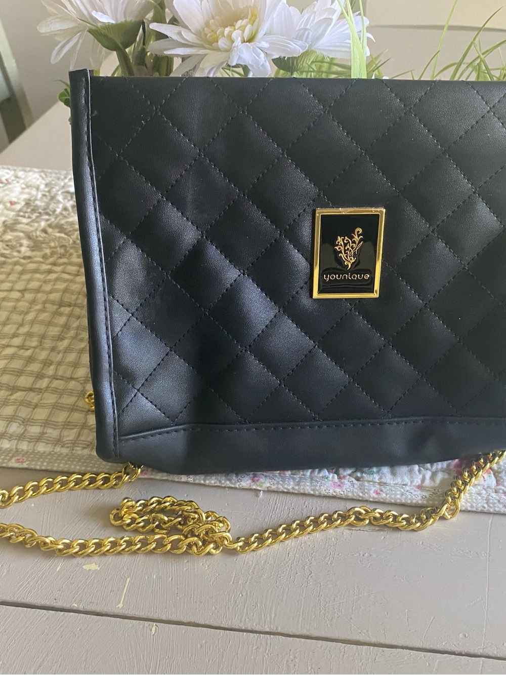 Younique Black Quilted Crossbody with Gold Chain Detail